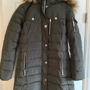 Michael Kors Charcoal/Green Puffer Coat with Fur Trim